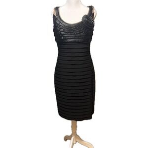 Adrianna Papell Black Tiered Ribbon Sheath Dress Rosette Cocktail Size 10